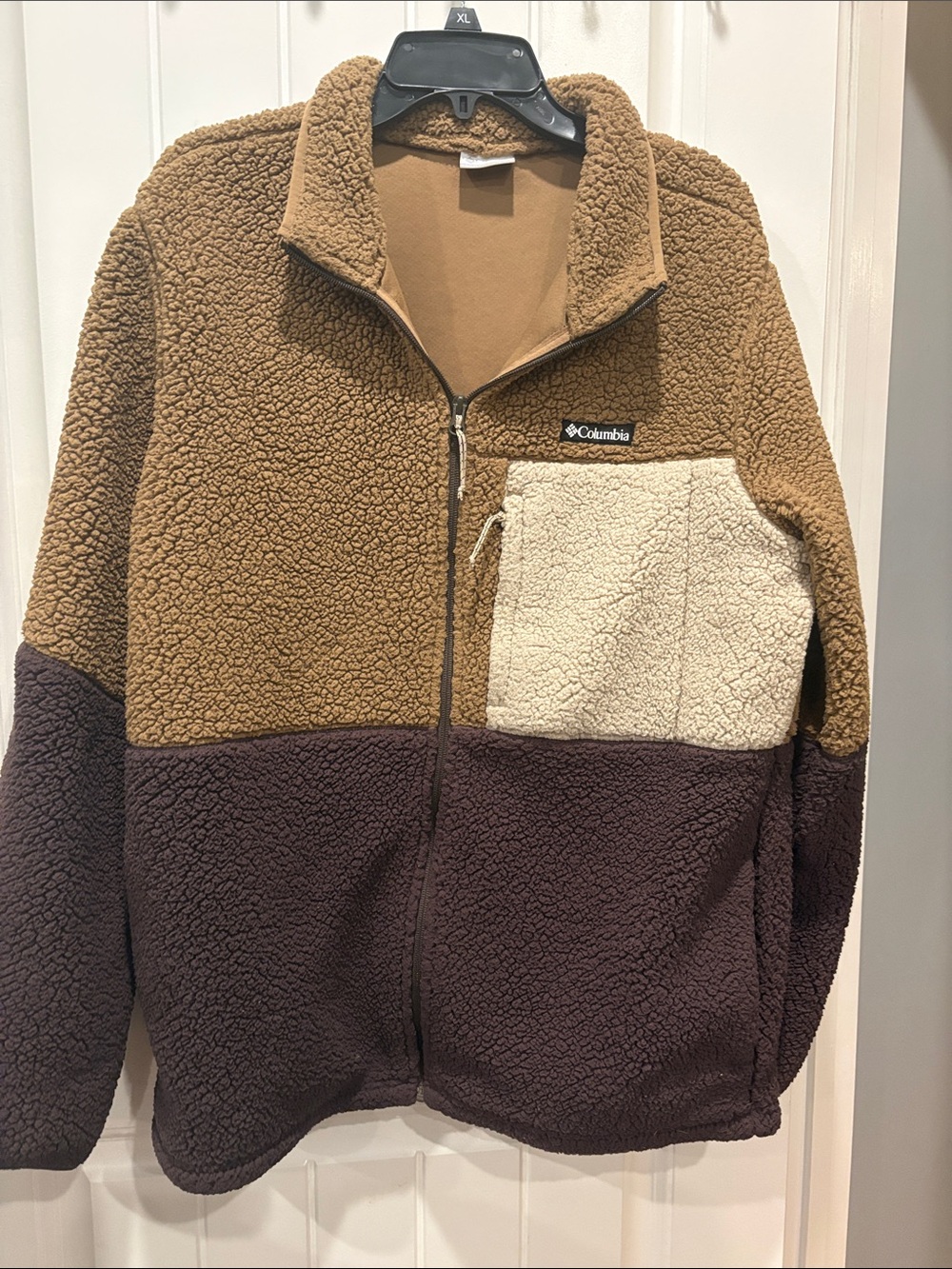 Columbia Colorblock Sherpa fleece Jacket in Brown, Cream & Tan men’s Large